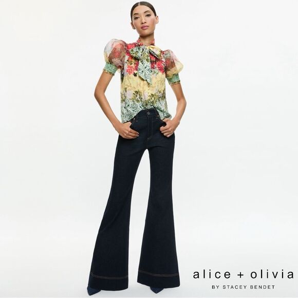 Alice + Olivia **NWT** SB High Rise Bell Flare Leg Jean in Dark Rinse Blue Denim - Picture 13 of 16